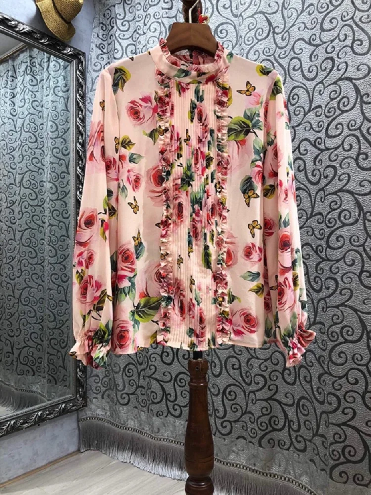 

100%Silk Blouse Shirt 2021 Spring Summer Fashion Tops Women Charming Rose Floral Print Ruffle Deco Long Sleeve Elegant Blouses