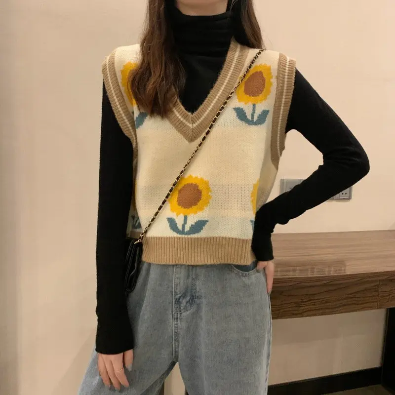 

Lady Sunflower Knitted Vest Sleeveless V-neck Floral Tank Top Sweater Waistcoat