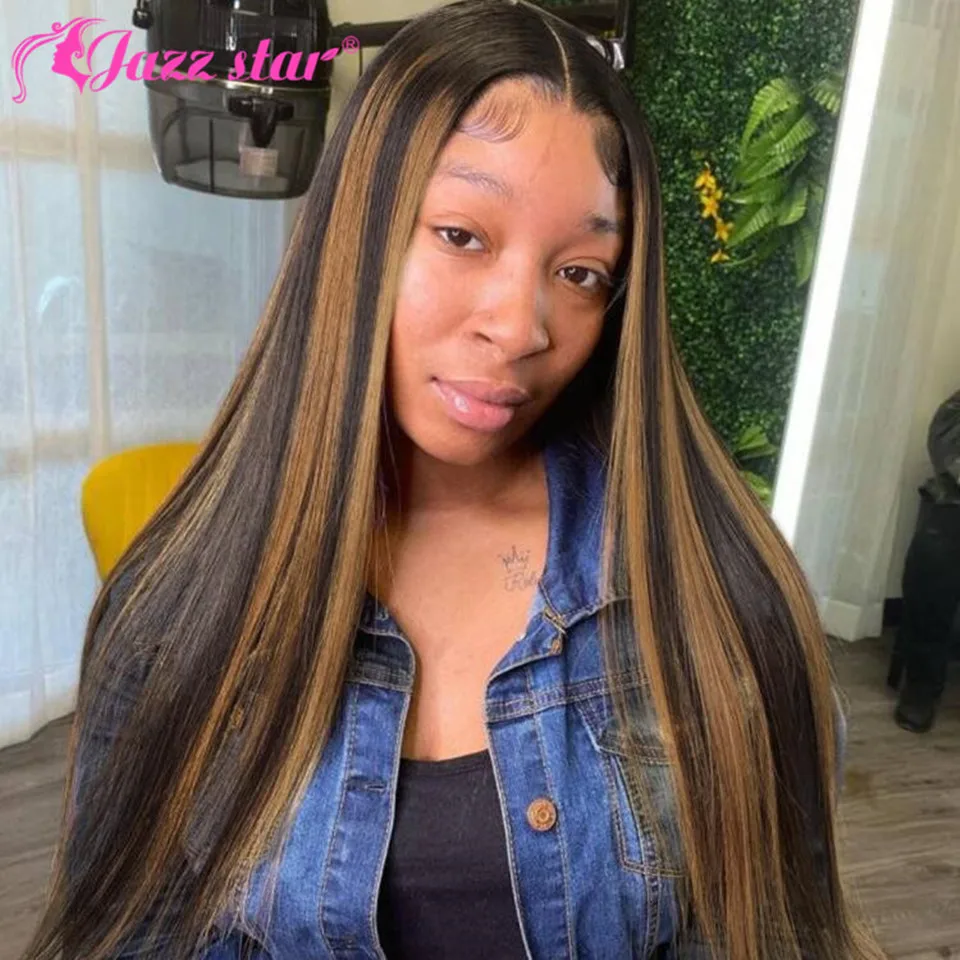 Straight Highlight Human Hair Wigs For Women 4x4 Lace Closure Wig T Part Lace Wig Human Hair Middle Part Non-Remy Jazz Star