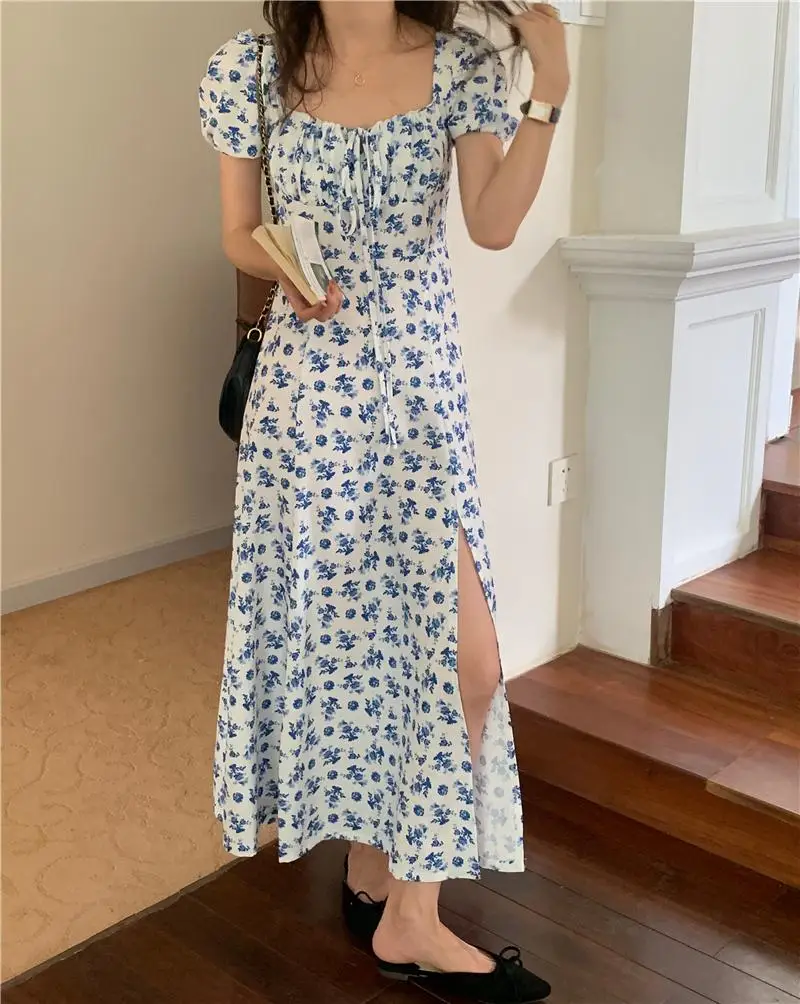 

Retro Floral Split Dress Ladies Lace Square Neck Summer Bohemian Vacation Sundress Casual Short Sleeve Vestidos