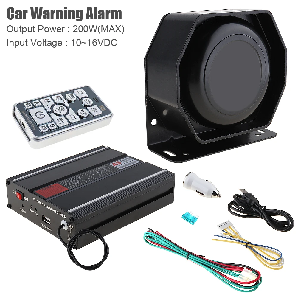 

DC 12V 200W 18 Tone Loud Car Warning Alarm Police Siren Horn PA Speaker Set with MIC System & Wireless Remote Control