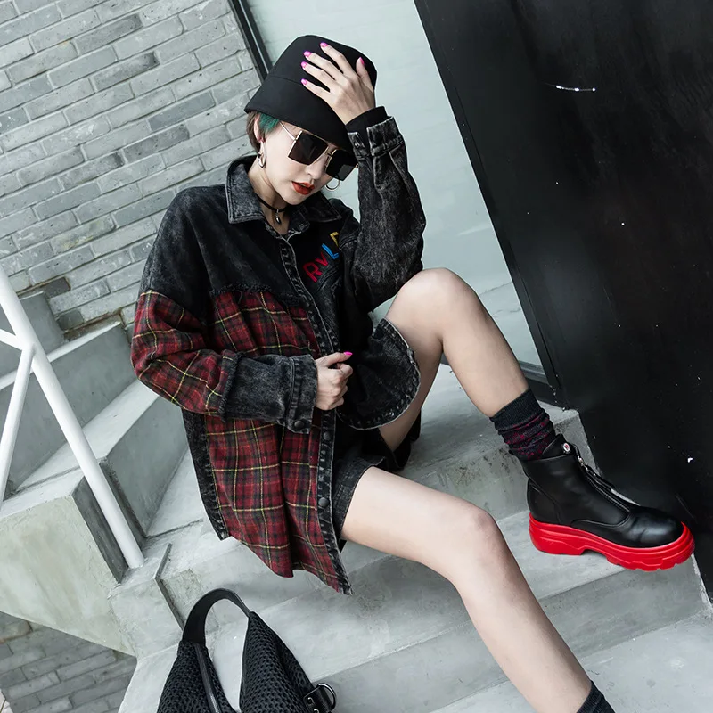 Vefadisa Plus Size Plaid Patchwork Denim Jacket Women 2021 Spring Stitching Color Coat Letter Print QYF3477 |