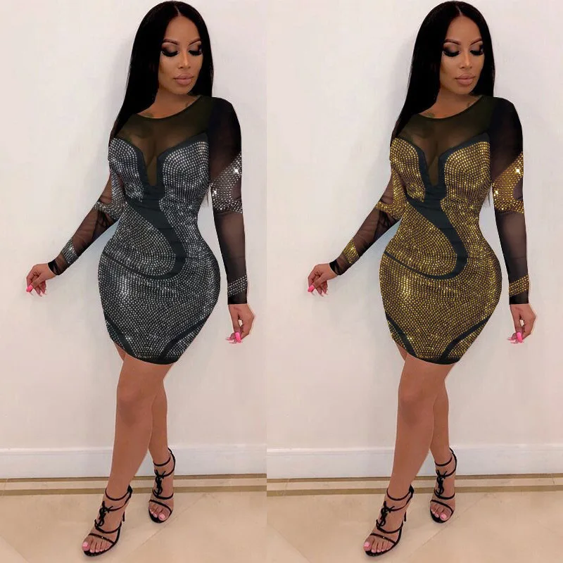 

Women's sexy nightclub hot drilling long sleeve see-through slim dress