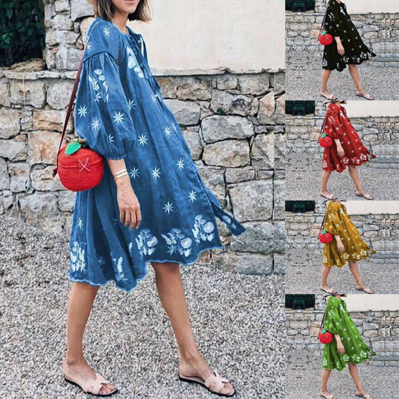 

Elegant Lantern Sleeve A-Line Dresses Vintage Floral Print 3/4 Sleeve Party Dress Casual Female stitching O-Neck Dress Vestidos