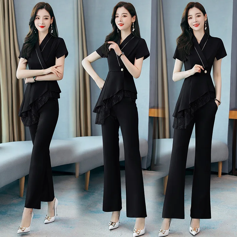 

New Summer WomenShort Sleeve Asymmetry Hem Lace Blazer And Slim Straight Flare Pant Suits 2 Pieces Sets