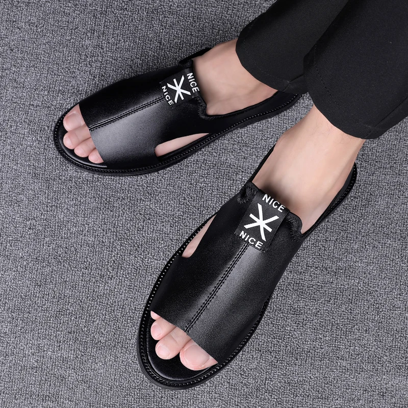 

Hot Sale Mens Summer Sandals Black Man Roman Sandals Slip-on Leather Men Casual Shoes Black Fashion Gladiator Sandals Mens
