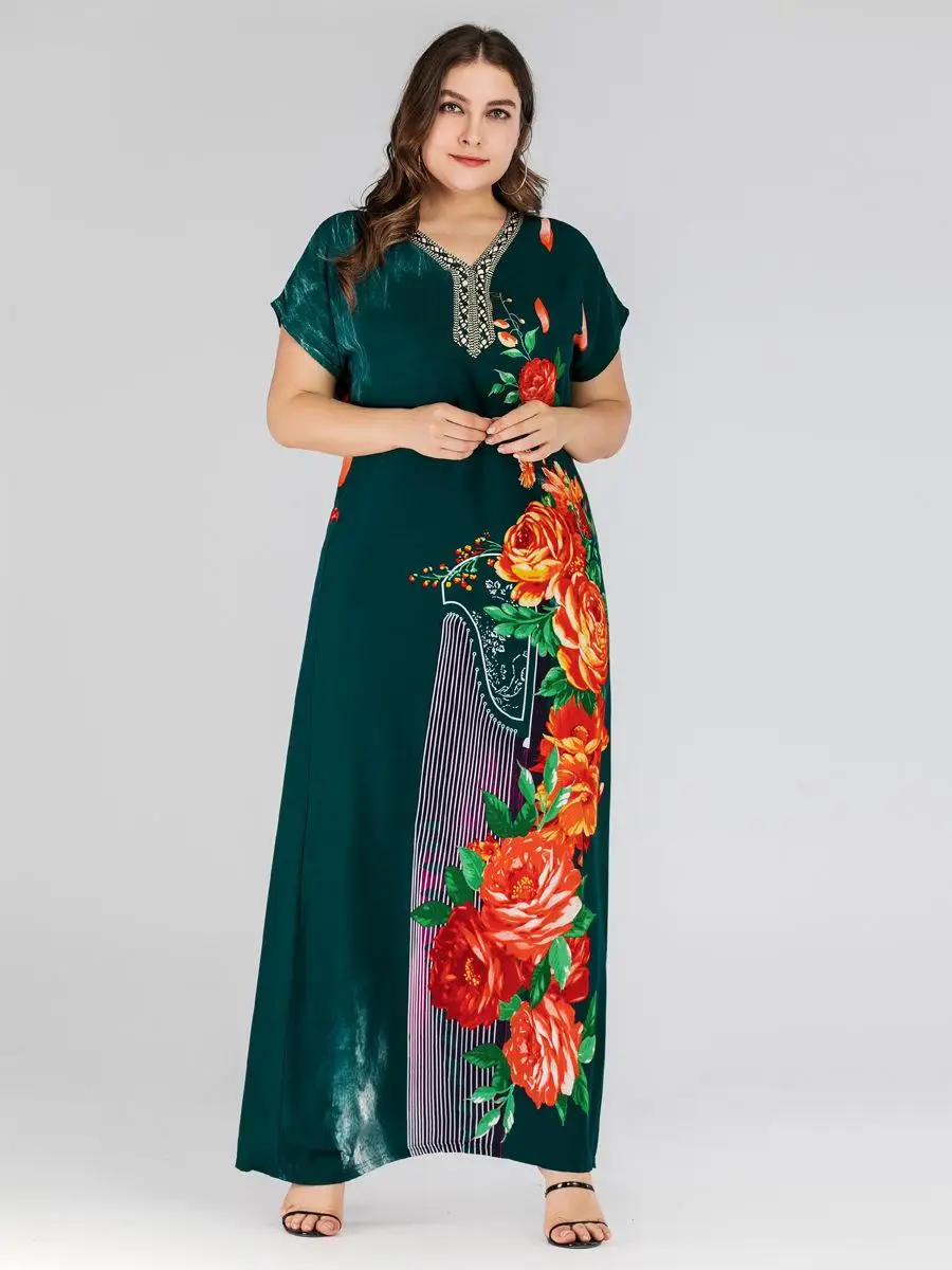 Большие размеры мусульманские женские печатные летние abaya Длинные Макси платья