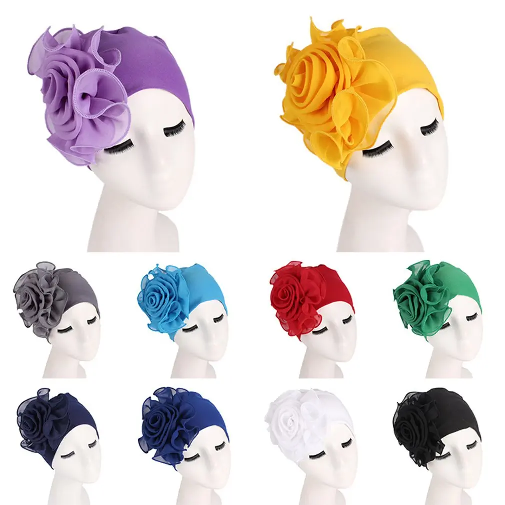 

Female Turban Hat Ladies Retro Big Flowers Hat Turban Elastic Chemo Brim Hat Cap Pile Cap Fashion Boho Hat
