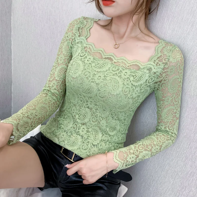 

Women lace tops New 2020 Summer short sleeve lace shirt Square collar women tshirt Solid color summer tops blusas