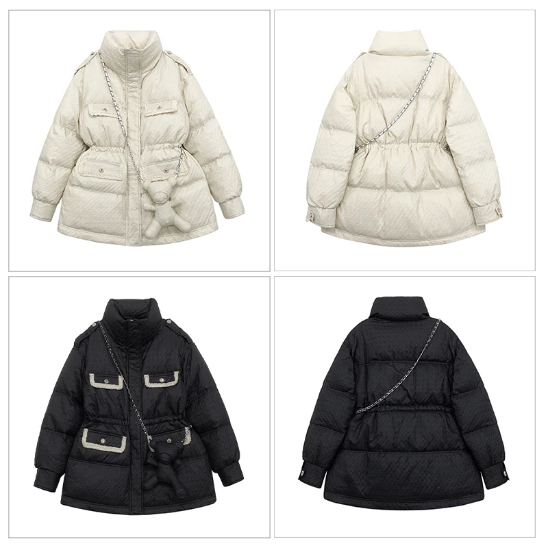 

Пуховик женский зимний однотонный на 2021 белом утином пуху, свободного покроя