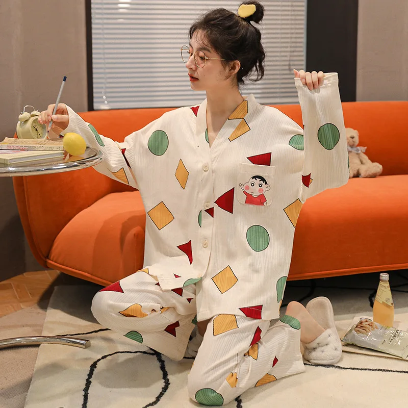 Cozy Pajama Set Women Pijama Spring Autumn Nightwear Anime Sin Japan Home Clothing Long Sleeved Kawaii Mujer Girls Homewear Ins