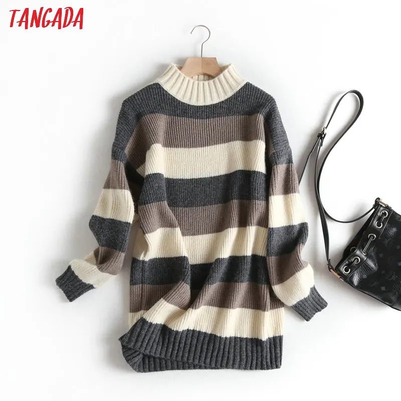 Tangada women stripe pattern oversize long jumper sweater atumn winter fashion long sleeve o neck pullovers tops BC58