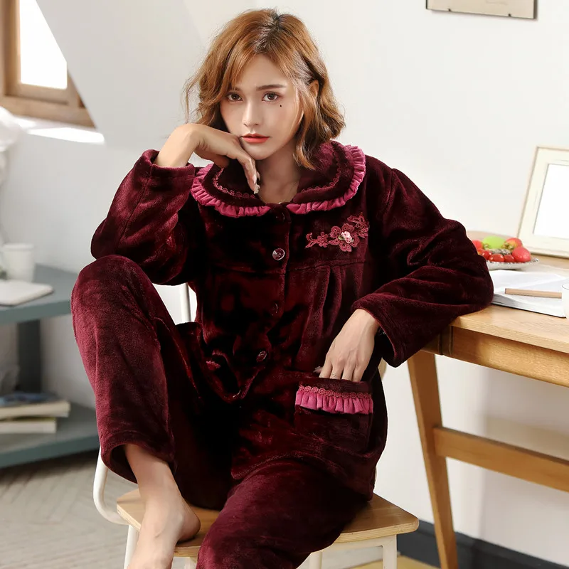 

Winter Pajamas Set Women Flannel Thick Warm Top and Pants Pyjamas Sets Pajama Sleepwear Pajama Suit For Female