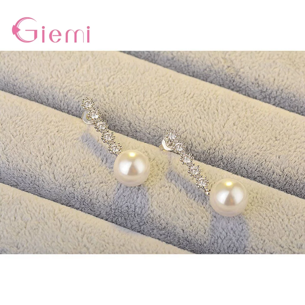 

Elegant Woman 925 Sterling Silver Simulated Pearl Piercing Drop Earrings Pendant Cubic Zirconia Long Bridal Wedding Jewelry