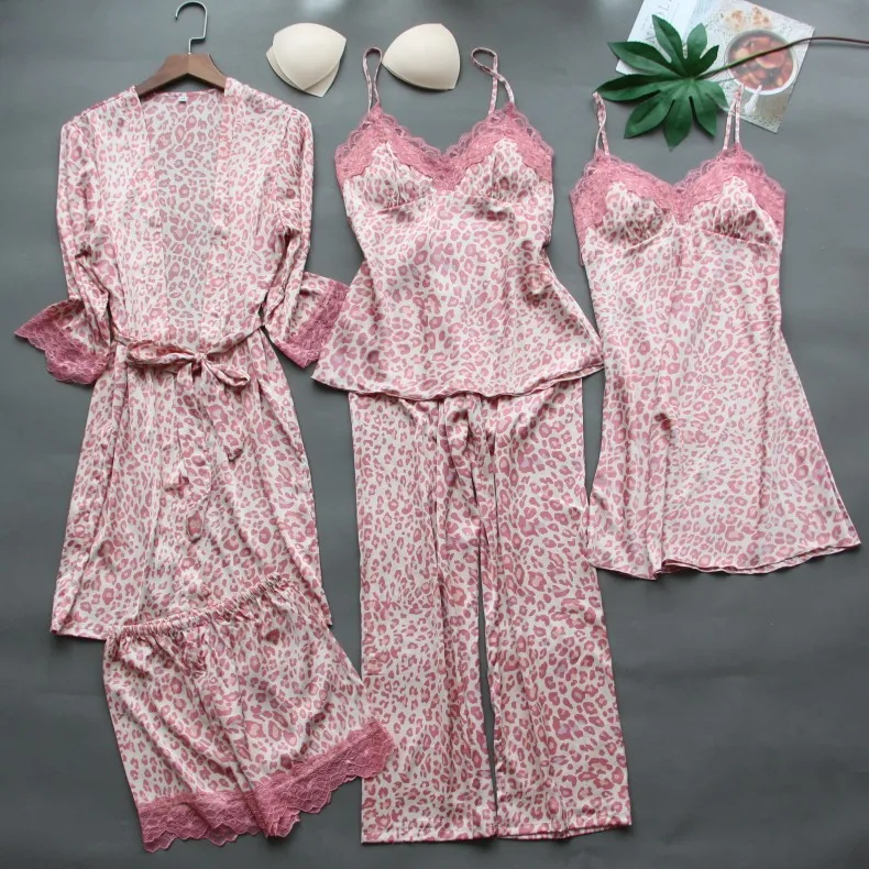 

Pajamas Suit Casual Women 5PCS Sleep Set Lace Sexy Pyjamas 2021 Spring New Nightwear Spring Summer Sleepwear Home Clothing