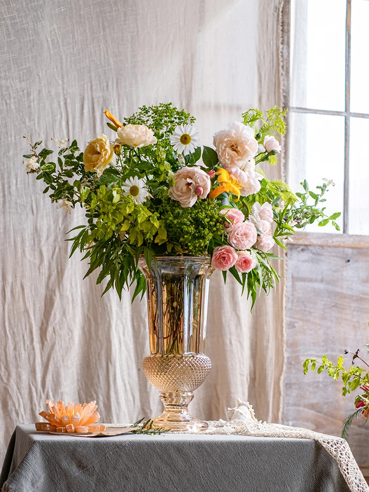 Стеклянная хрустальная ваза винтажное тиснение большое Золотое украшение