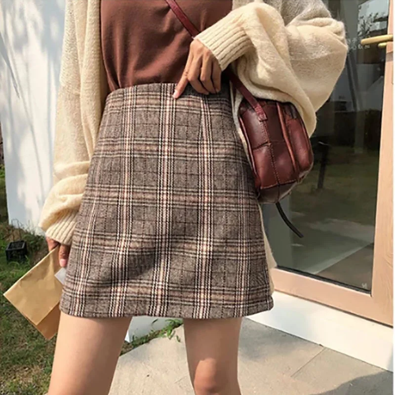 

Юбка в клетку с высокой талией для женщин, Осенняя шерстяная универсальная короткая юбка-футляр, трапециевидная юбка