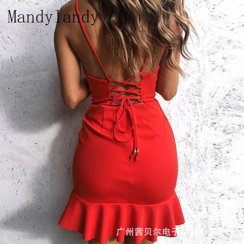 

Mandylandy Dress Summer Solid High Waist V-neck Backless Bandage Spaghetti Strap Dress Women's Sexy Slim Ruffled Stitching Dress