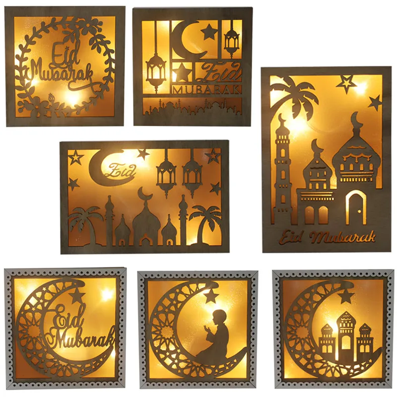 

Украшения для Рамадана для дома ИД Мубарак деревянные кулоны с резиновыми полосками продается ювелирных светодиодный светильник исламски...