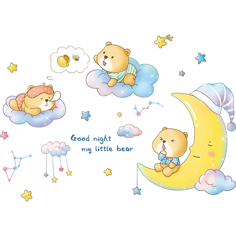 

Cartoon Cute Bear Sleeping on The Moon Wall Stickers for Baby Bedroom Kids Room Decoration Eco-Friendly Children's Wallpaper DIY