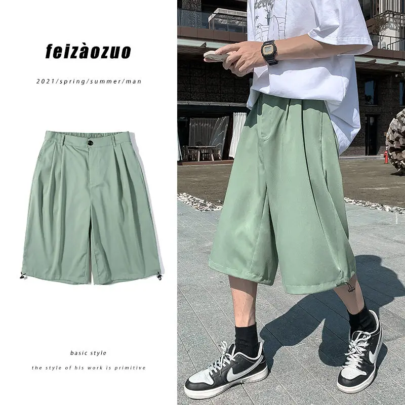

Summer Cropped Pants Men's Fashion Solid Color Casual Pants Men Streetwear Korean Loose Straight Wide Leg Pants Mens M-3XL