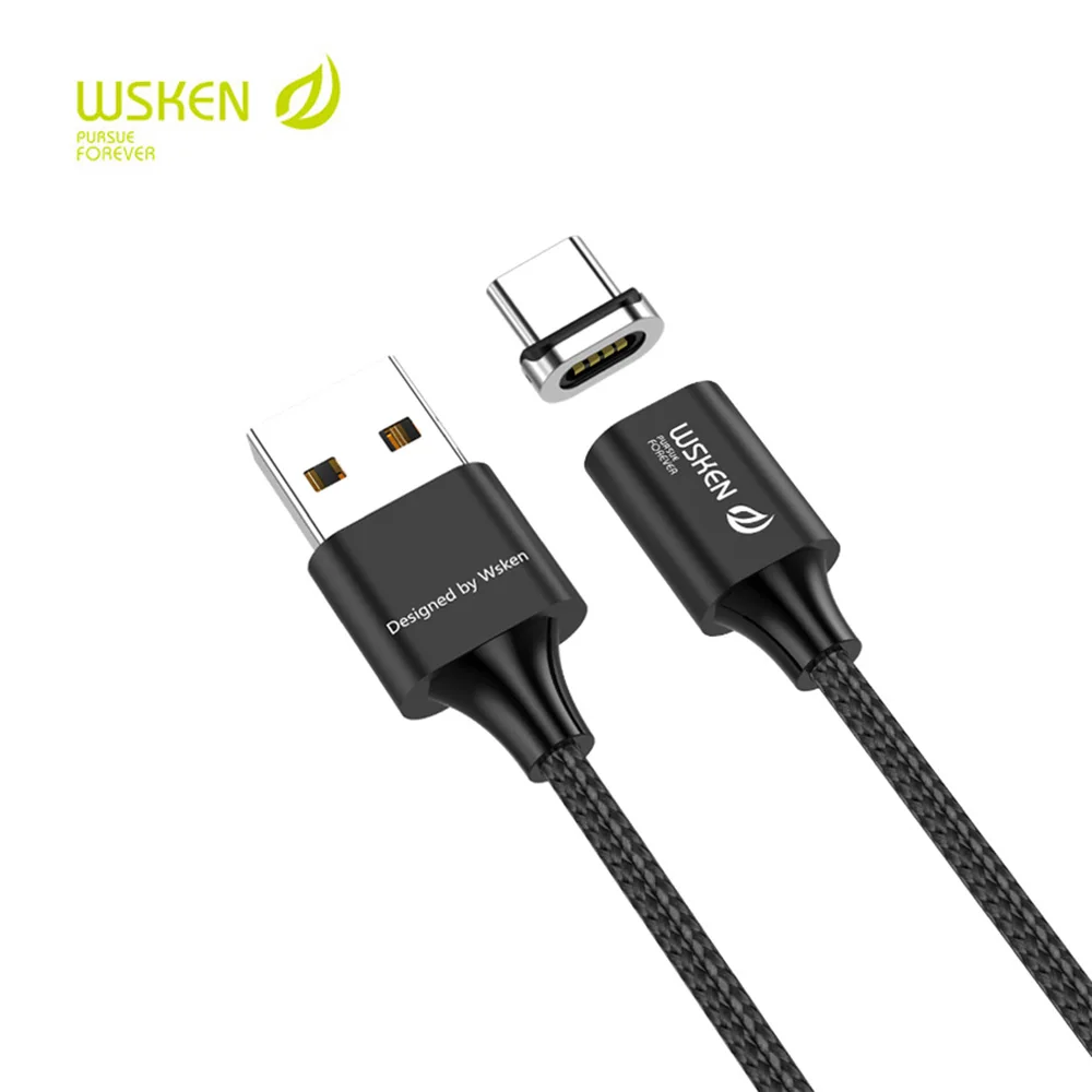 Магнитный кабель WSKEN 1 м 2 м для быстрой зарядки type-C светодиодный кабель с нейлоновой оплеткой USB C для samsung Xiaomi huawei Redmi