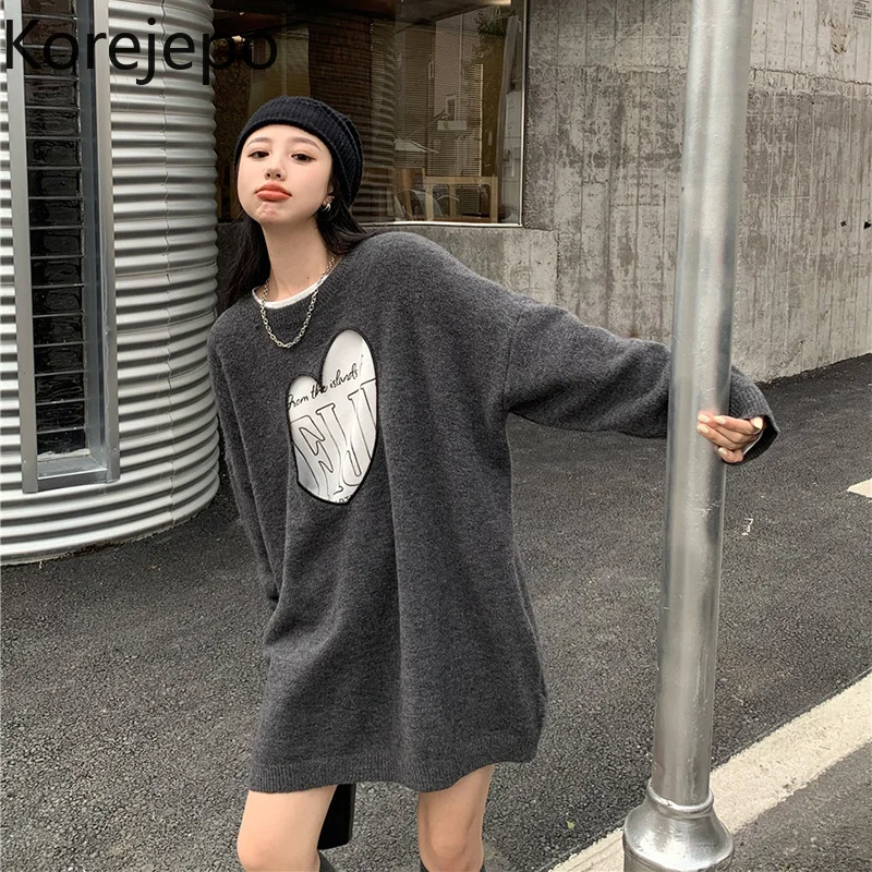 

Korejepo Women Love Hollow Knitted Sweater 2021 Autumn Winter New Chic Long O-neck Long-sleeved Sweater Loose Casual Female Tops
