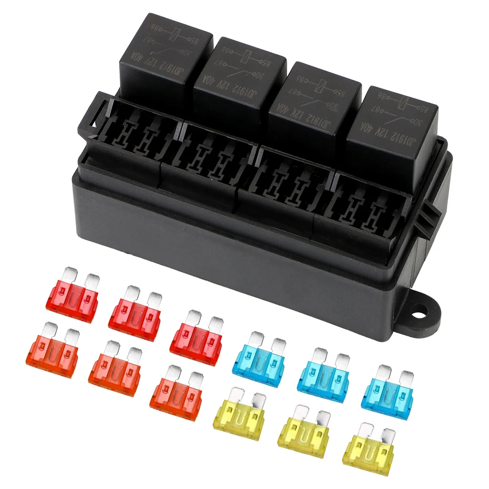 

12 Way Blade Fuse Holder Box with Spade Terminals Plastic Cover for Auto Car Truck Trailer 4Pin 12V 40A Relays Fuse