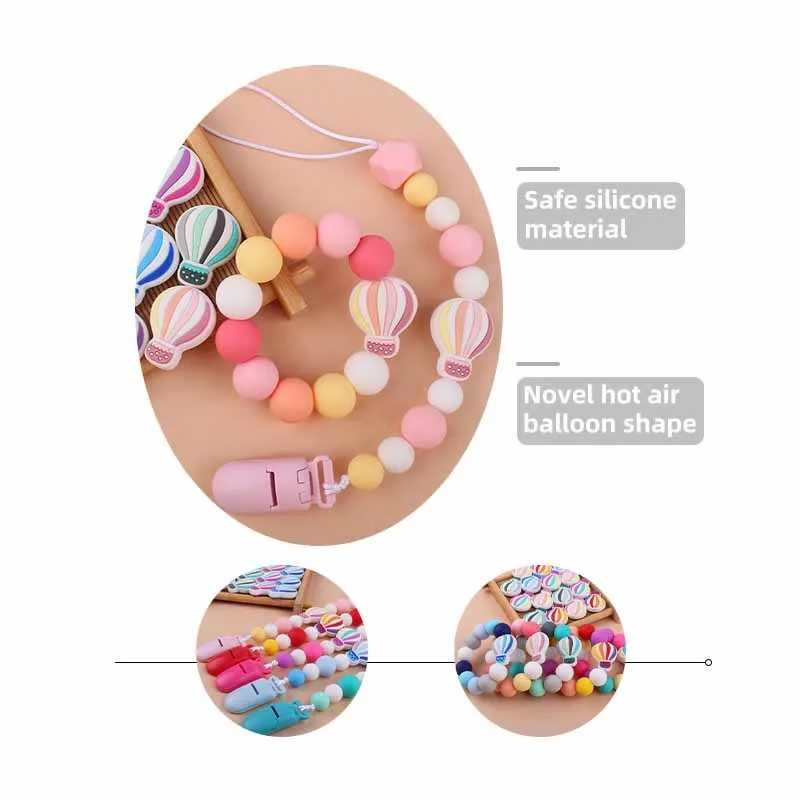 Kissteether-mordedores de silicona de grado alimenticio, conjunto de 2 unids/set de globos de aire caliente, pulsera y chupete de dentici&oacute;n, Clips de cadena-4
