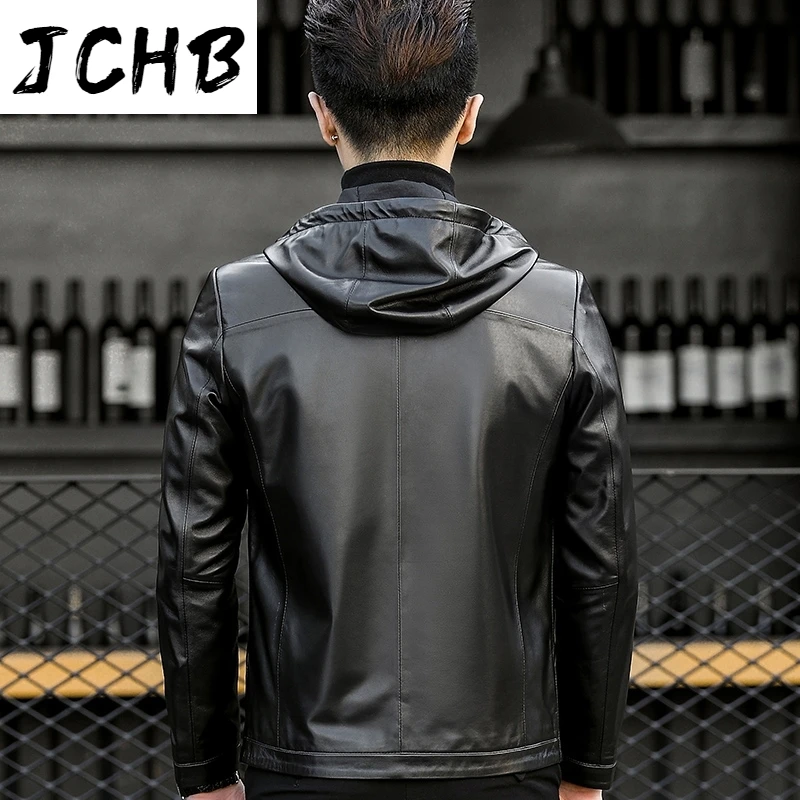

Real JCHB Sheepskin Coat Genuine Leather Jacket Hooded Spring Autumn Short Motorcycle Jacket Leather Coat Y-1-A18-23 KJ1561