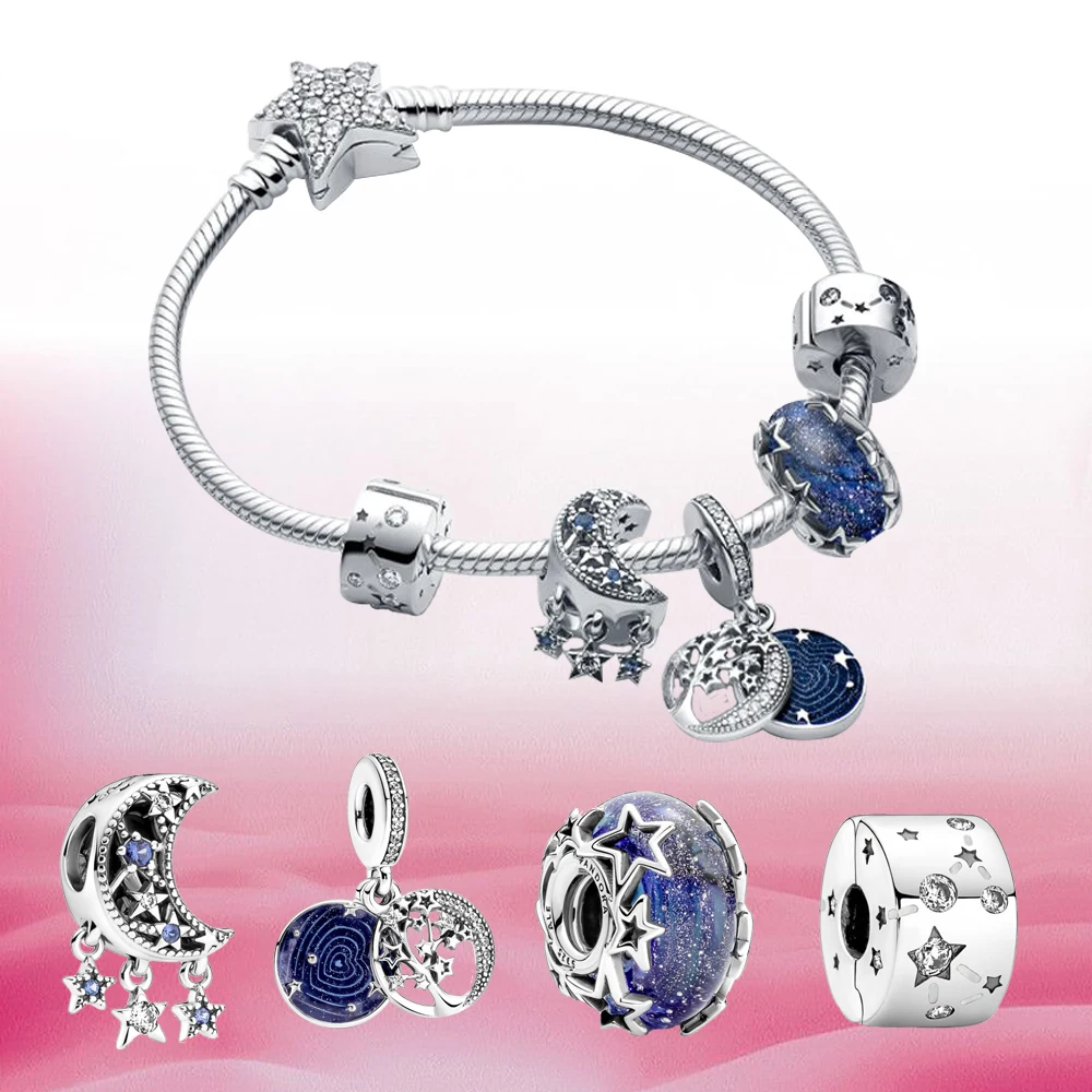 

2021fall new style925silver star and moon shining bracelet set DIY pendant simple gift for girls beads for jewelry makingcuentas