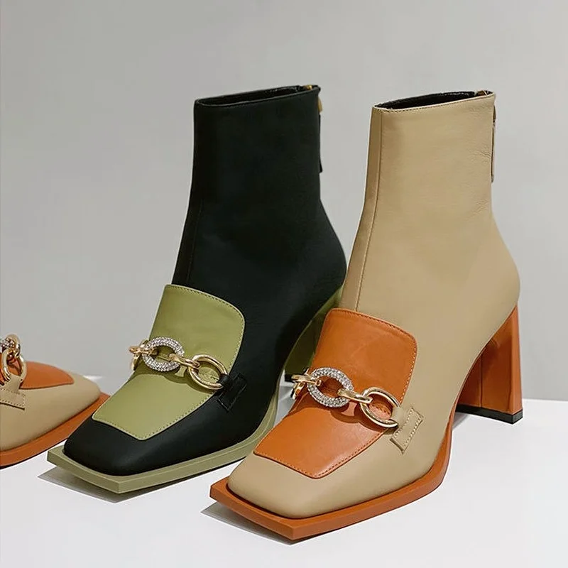 

Women's New Fashion Rhinestone Korean Martin Boots Ladies High Boots Thick Heel Zipper Square Toe Ankle Boots Botas De Mujer