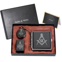 masonic pocket watch set men quartz clock arabic numerals dial stainless steel cigarette case black lighter gift set for father