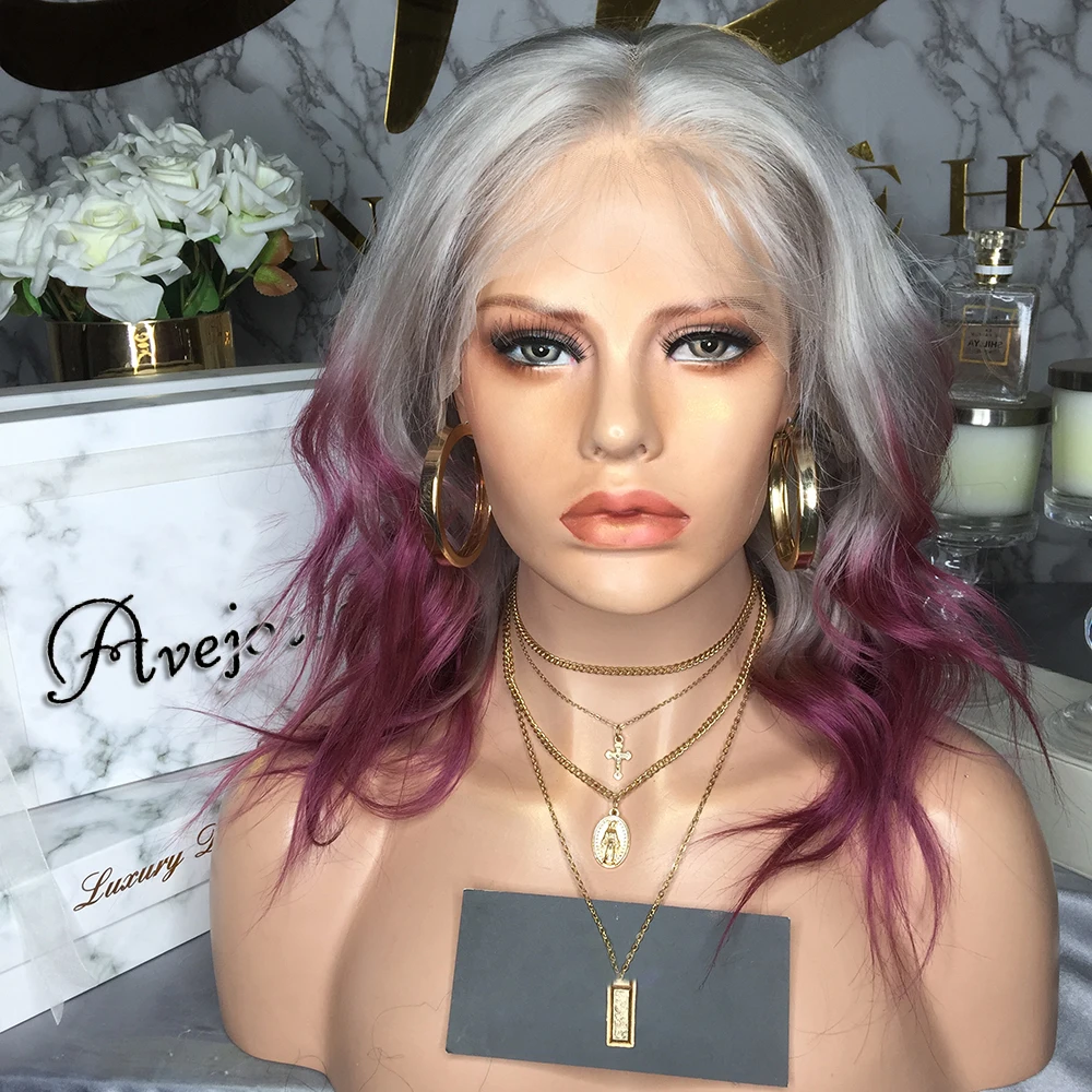 AVEJOICE натуральные волнистые Омбре фиолетового цвета с серебряным оттенком парики