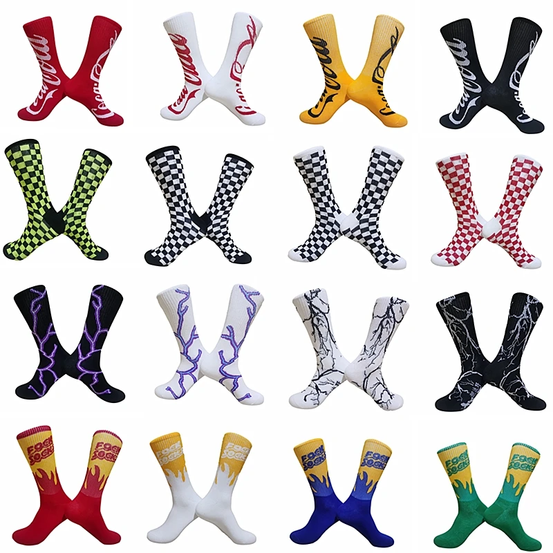

Korea Unisex Fashion Socks Checkerboard Square Lightning Flame Combed Cotton Socks Street Skateboarding Hip Hop Music Long Socks