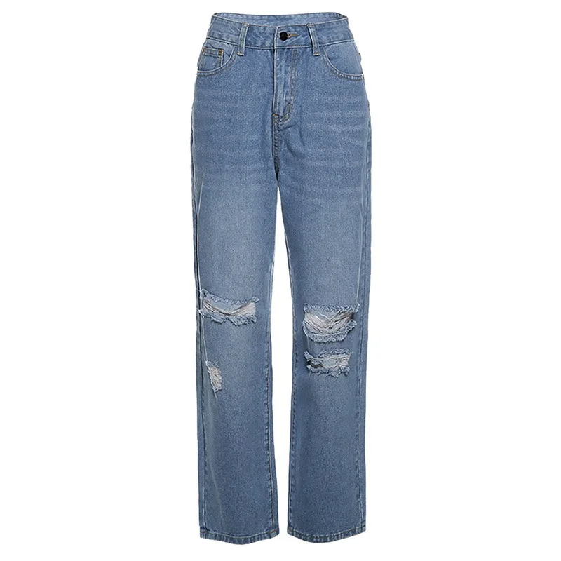 

High Waist Women's Fashion 2021 New Loose Destroyed Hole Denim Mopping Pants Casual Vintage Wide Leg Jeans Trousers Denim Pants