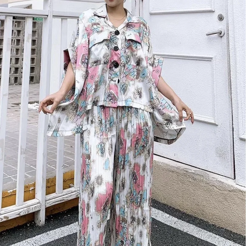 

IEQJ Printed Loose Bat Sleeve Shirt Pleated All-match Wide-leg Pants Suit New Lapel Loose Women Fashion Tide Summer 2021 3F0107