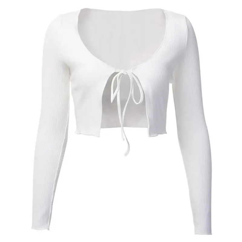 

Women Long Sleeve Ribbed Knit Crop Top Tie Knot Bodycon Mini Sweater Cardigan Black, Blue, White