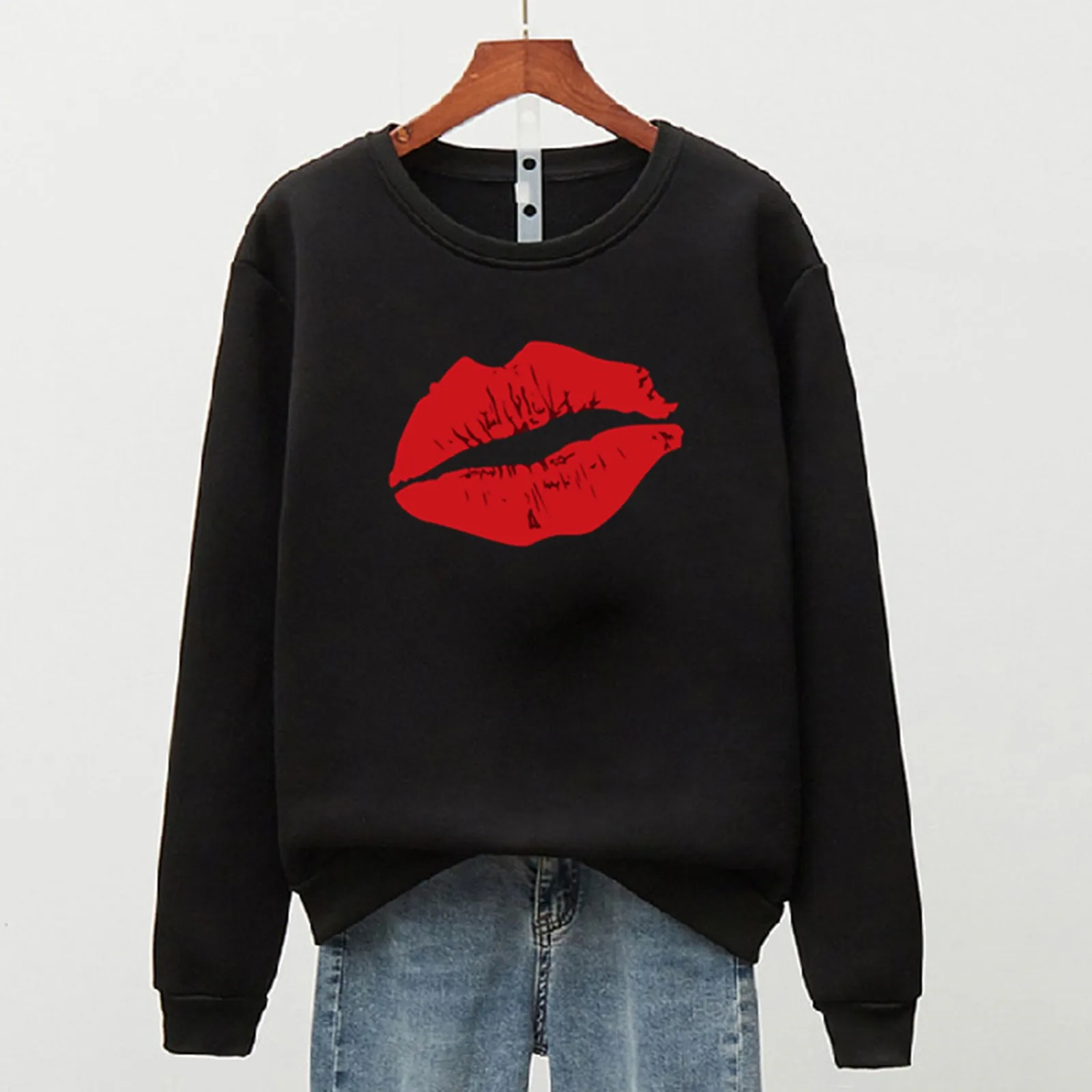 2021 All-matched Chic Korean aesthetic  Women's Casual Long Sleeve O neck Lip Print Pullover Sweatshirt Tops кофта