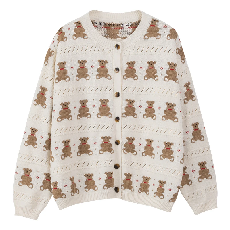 

Женский короткий тонкий свитер, трикотажный кардиган с круглым вырезом, на пуговицах, с рисунком бежевого медведя, верхняя одежда для осени,...
