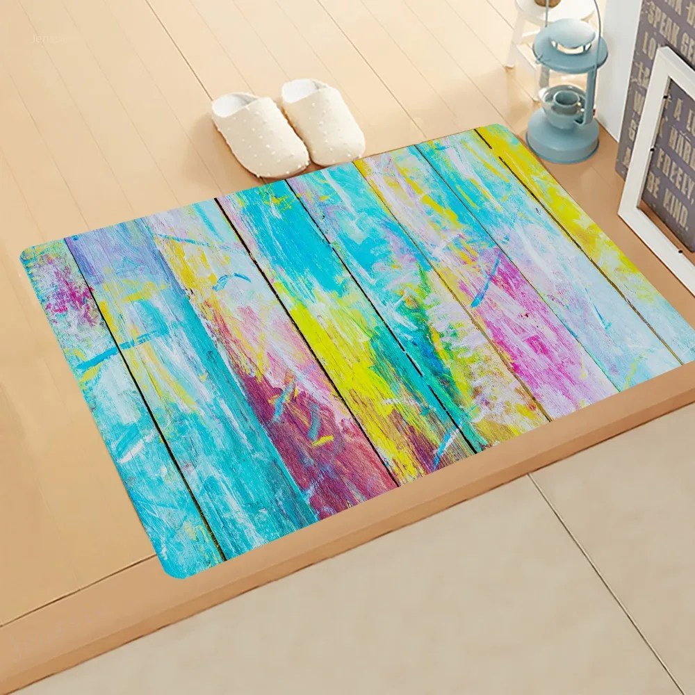 

Striped Wood Block Printing Entrance Doormats Colorful Wooden Door Background Carpets Rugs For Home Bath Living Room Kitchen