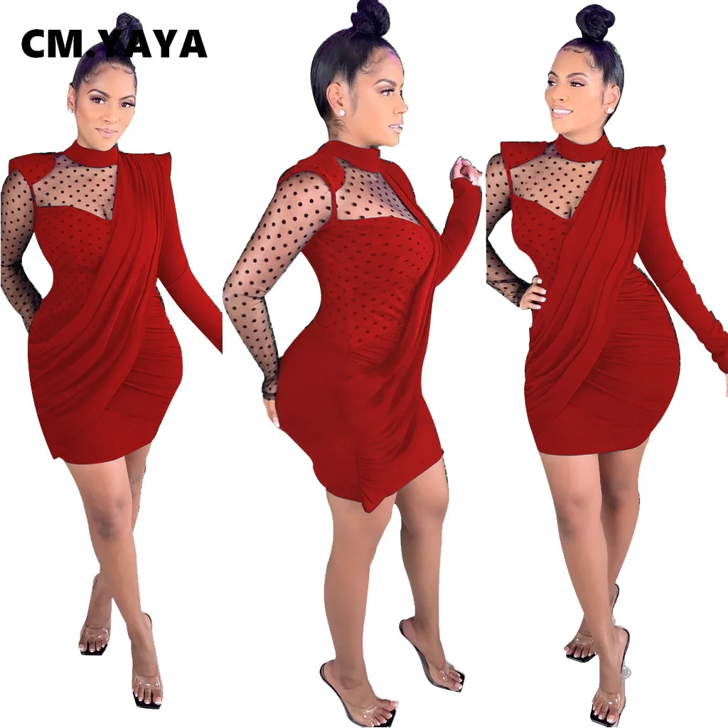 CM.YAYA Women Autumn Mesh See Though Bodycon Midi Dress Long Sleeve Pencil Bandage Drapped Sexy Party Night Club Dresses | Женская