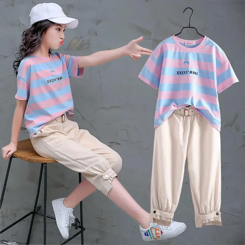 Купи Summer Girls Clothing Sets Children T-shirt Short Sleeve +Pants Set 2 Pieces Set Kids Baby Girls Clothes 6 8 10 11 12 14 Years за 979 рублей в магазине AliExpress