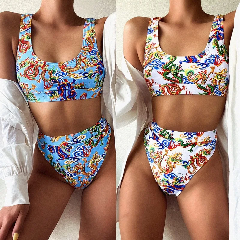

Dragon Print Chinese Style Bikini Set Women Sexy Fashion Casual Female Biquini Swimwear Swimsuit 2 Pieces Beach