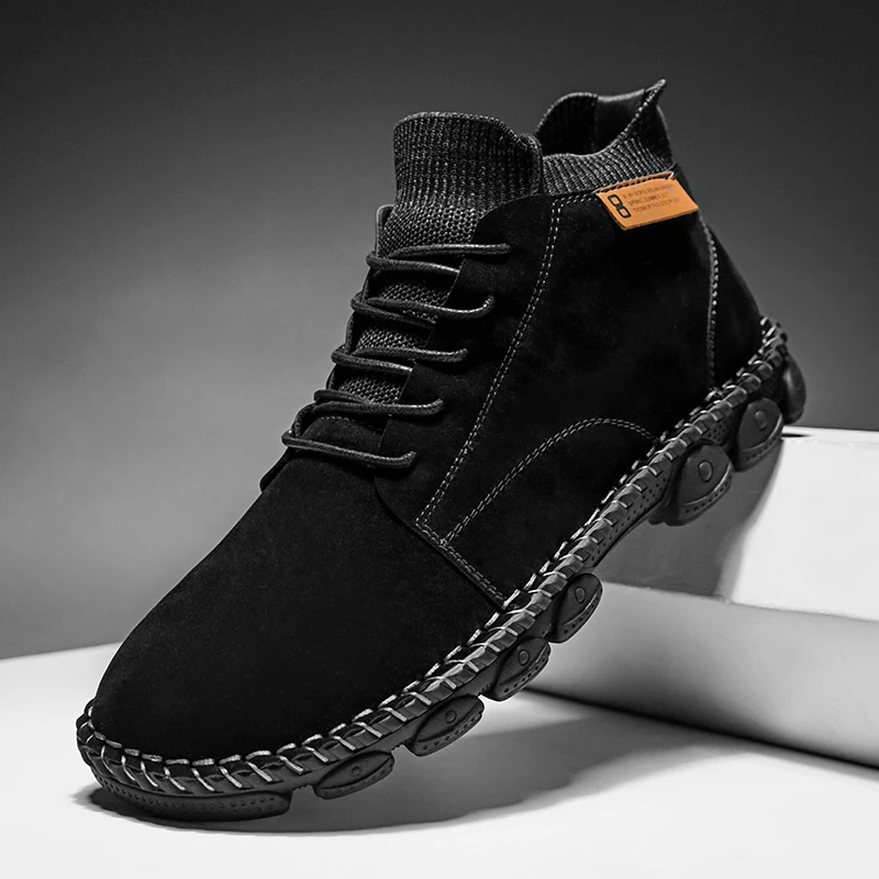Мужские замшевые ботинки черные из коровьей замши Нескользящие до щиколотки