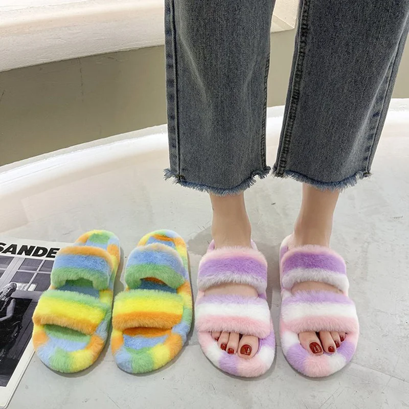 

Double Multicolor Band Fur Slippers Women Winter Warm Plush Platform Shoes Thicken Soled Fleeces Slides Creepers Plus Size 35-42