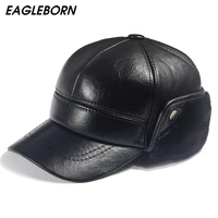 men winter leather hat real fur hat cowhide baseball cap bomber hats russian hat men dad father thick tab luxury winter caps