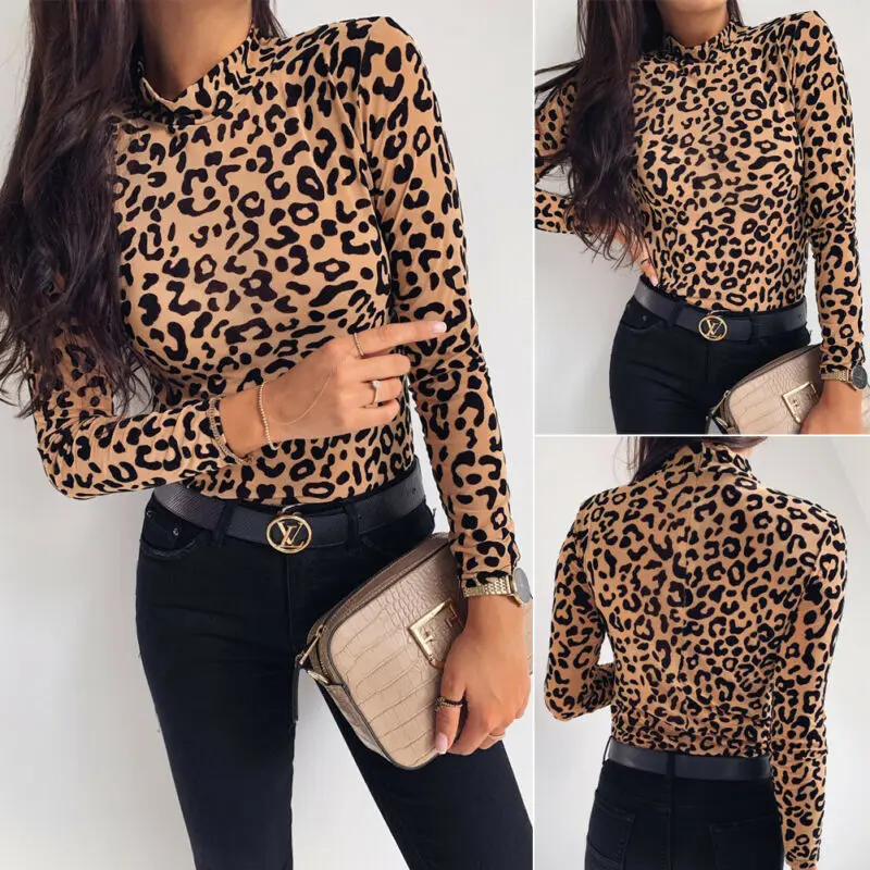 2020 Сезон весна осень Модная футболка для женщин с леопардовым принтом длинным