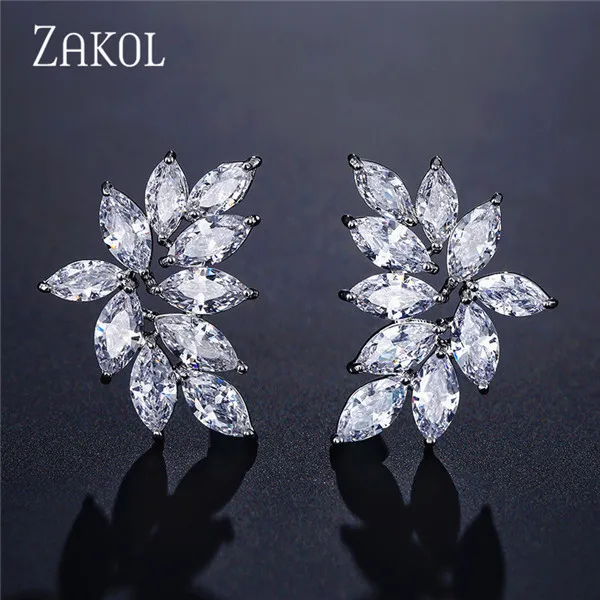 ZAKOL модные AAA кубический циркон цветок Форма, серьги со шпилькой, для Для женщин популярные лист украшения на день рождения, свадьбу подарок FSEP2233 - Окраска металла: White Color