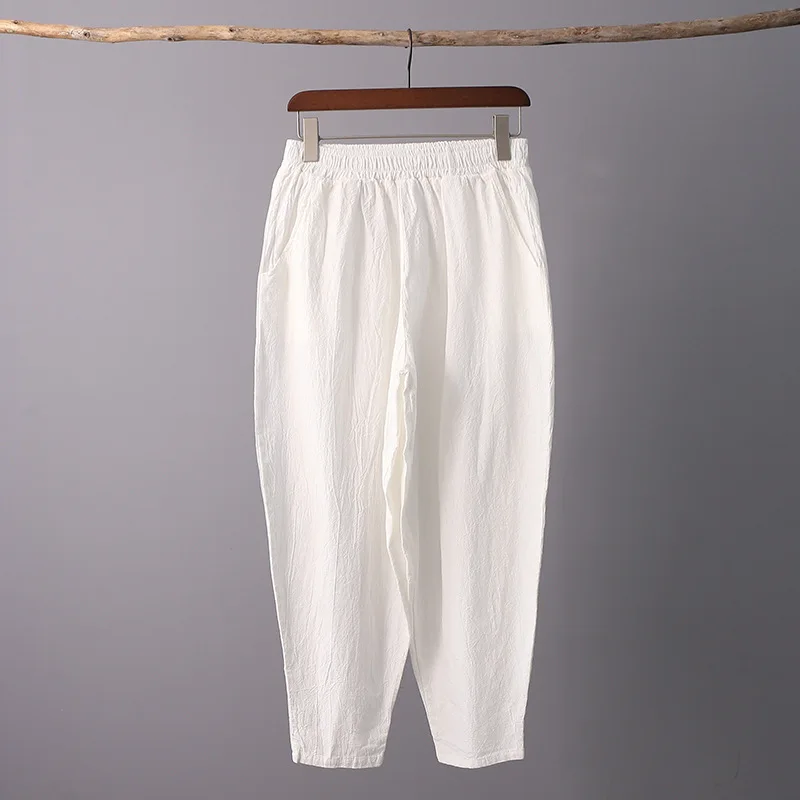 

2021 Summer Solid Color Cotton Linen Pants New Vintage Elastic Mid Waist Loose Women Ankle-Length Harem Pants